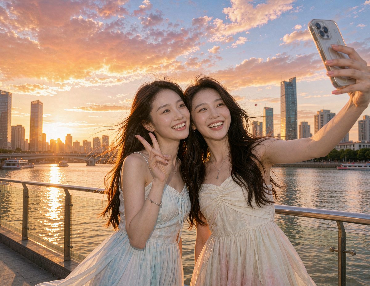 江边散步自拍场景